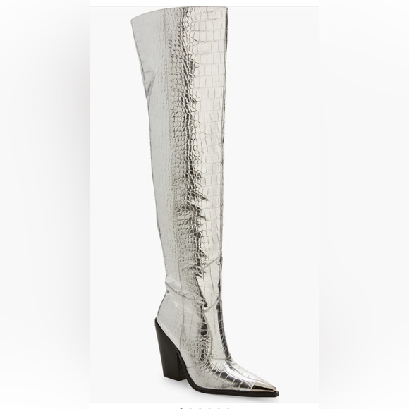 Elegant Silver Crocodile-Embossed Over the Knee Boots - Picture 1 of 5